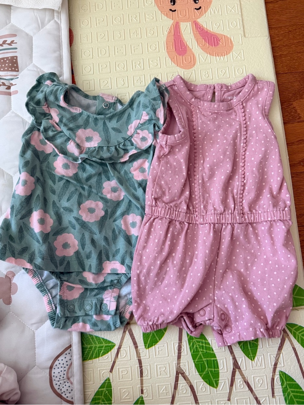 2 Simple Joy by Carters Simple Pink Dot Romper & Green Floral Ruffle Bodysuit